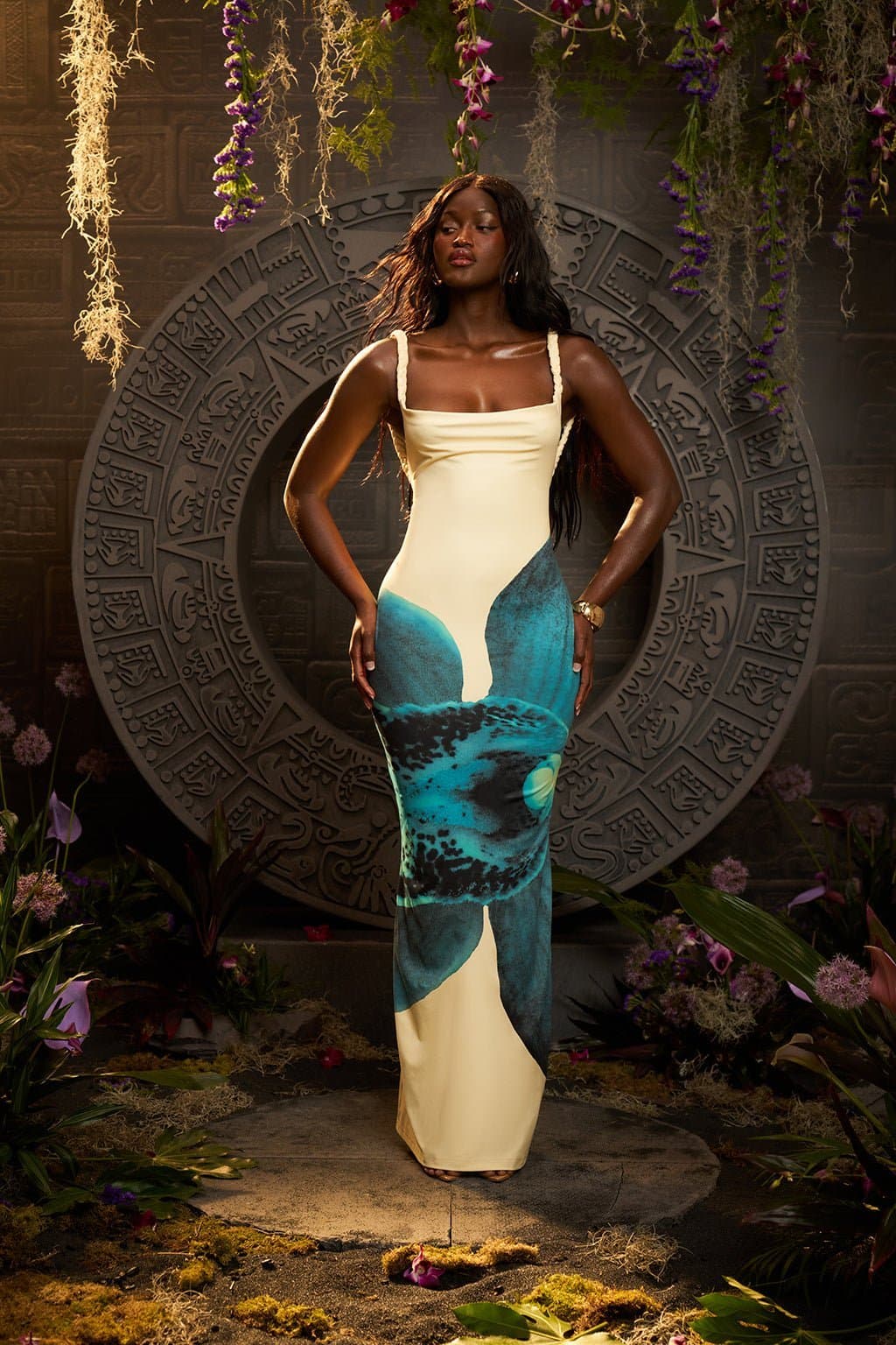 FLEUR Maxi Dress Jungle Orchid Print Square Neck Backless High Stretch