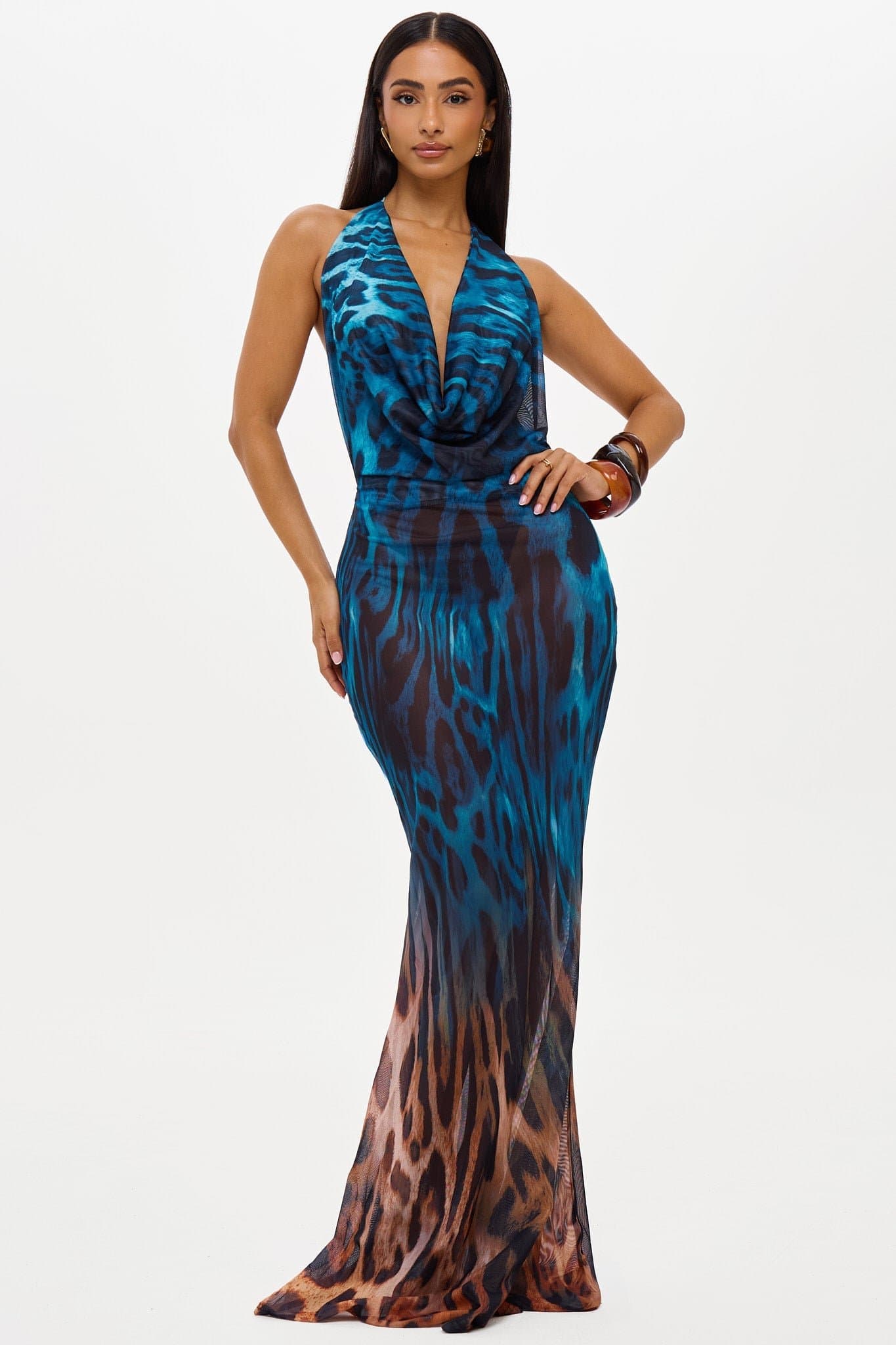 Jaguar Print Maxi Dress - Deep Cowl Neckline Open Back Halter Ties