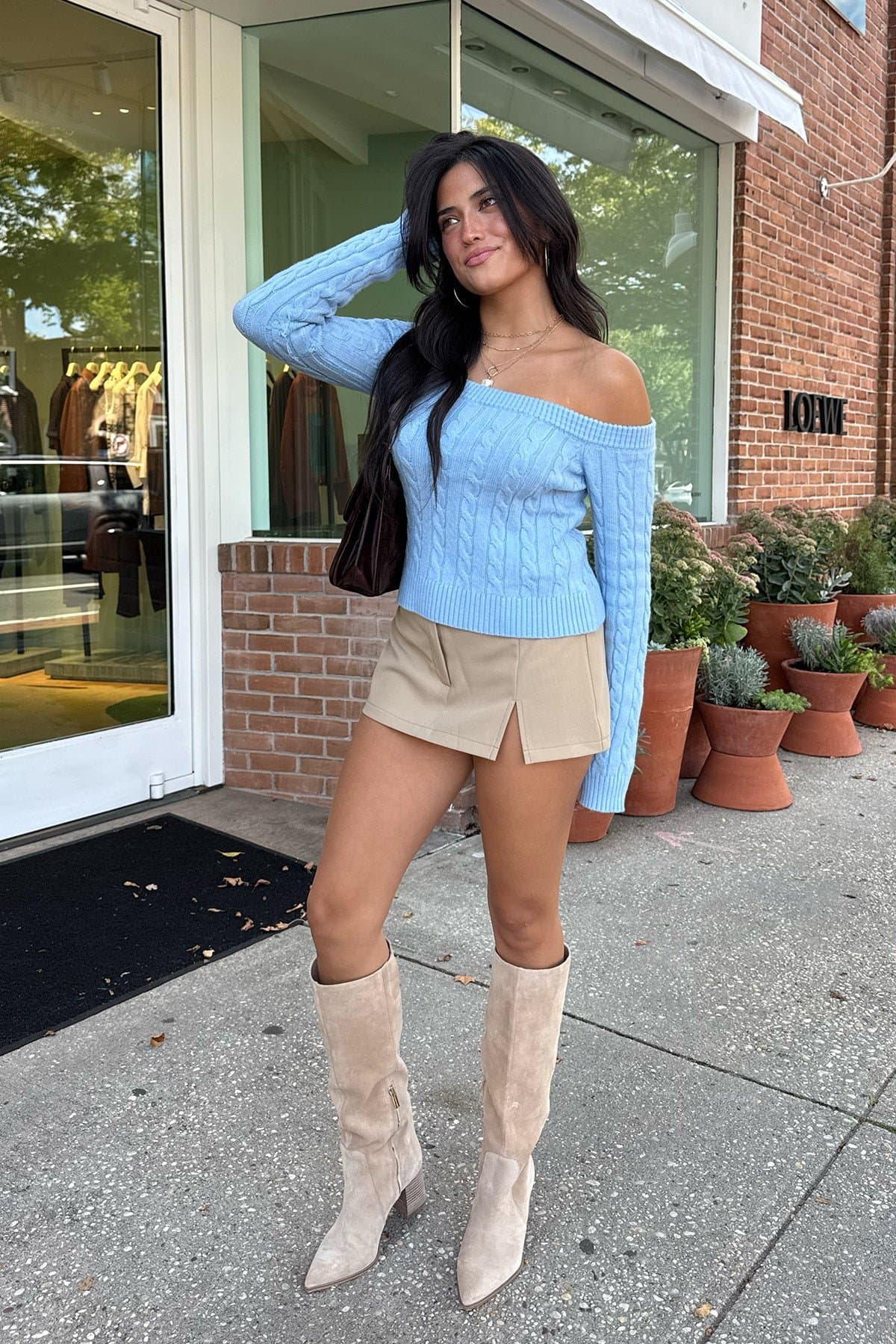 Taniza Off Shoulder Cable Knit Sweater - Rayon Polyester Spandex