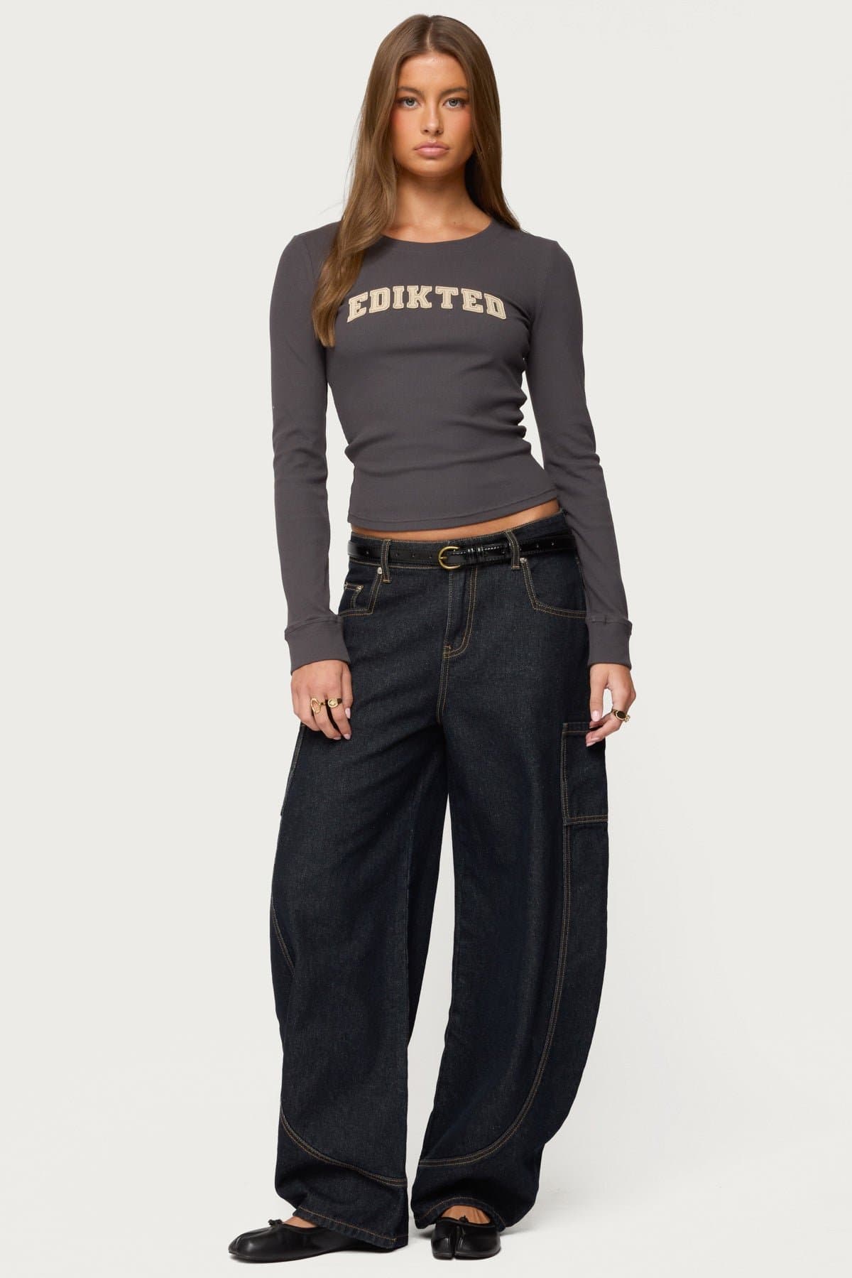 Edikted Essential Ribbed Long Sleeve T-Shirt with Graphic Text Patch