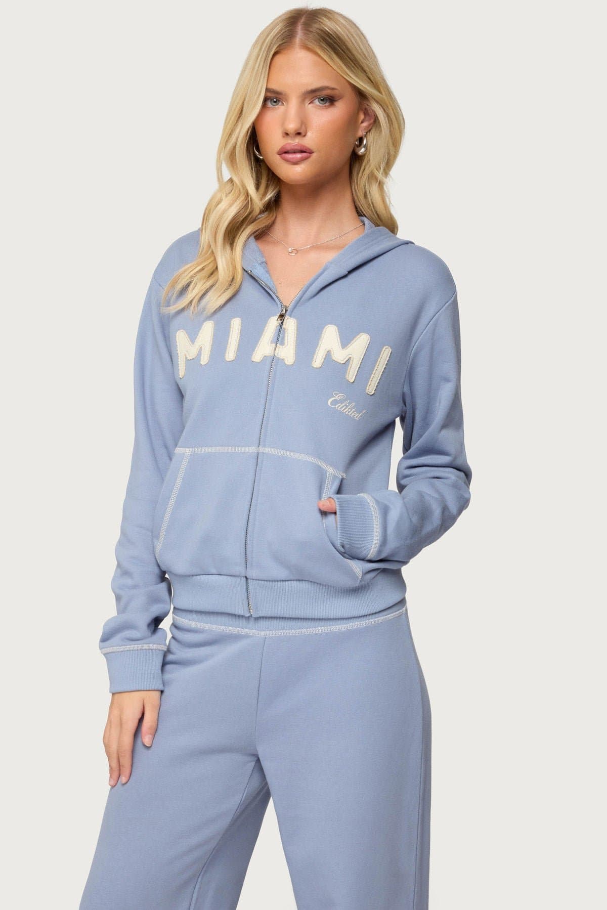 Miami Babe Zip Up Hoodie - 100% Cotton with Front Zip Closure and Contrast Stitching