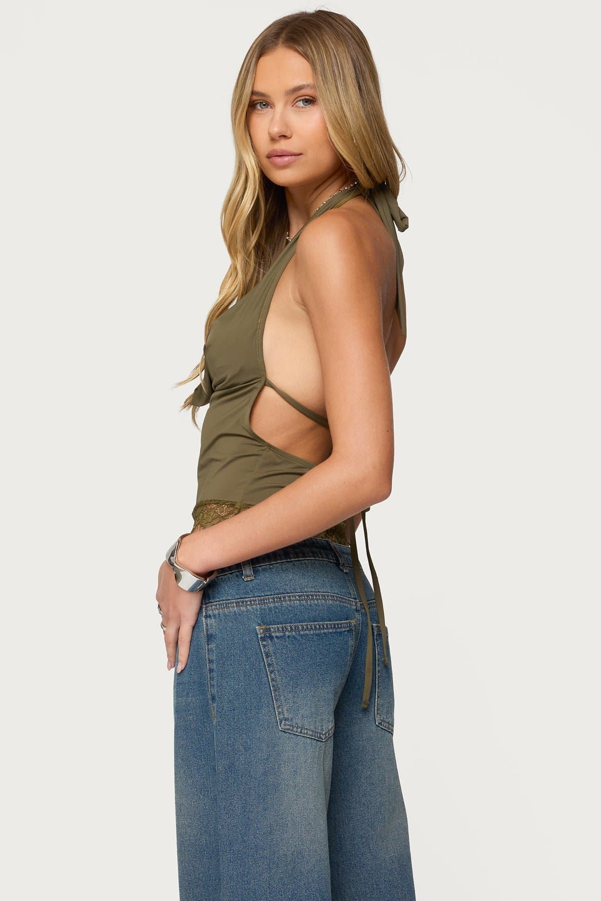 Layered Lacey Cowl Neck Halter Top - Nylon Spandex Open Back