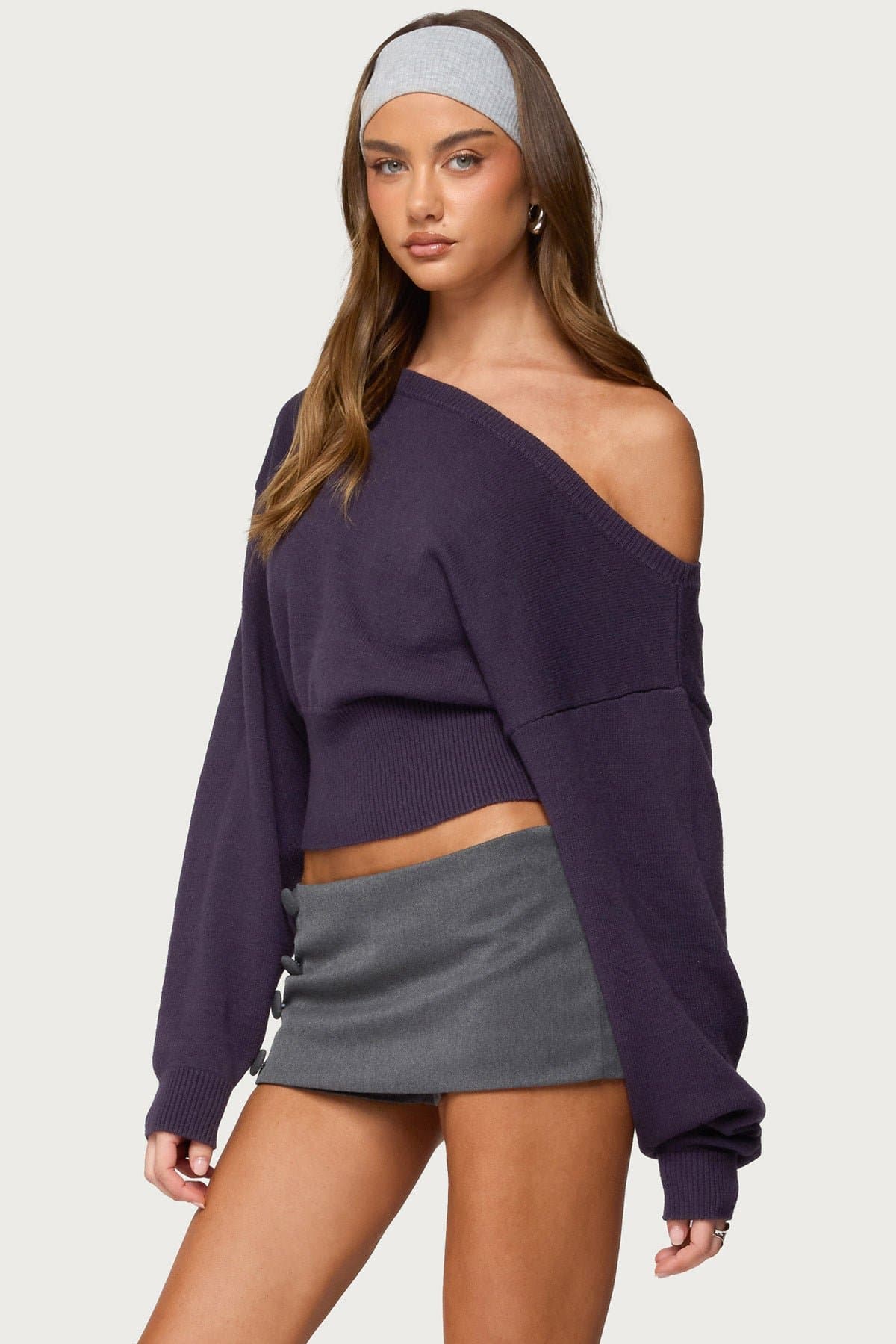 Ravenna Off Shoulder Sweater with Cinched Waistband and Ribbed Knit in Rayon Polyester Nylon