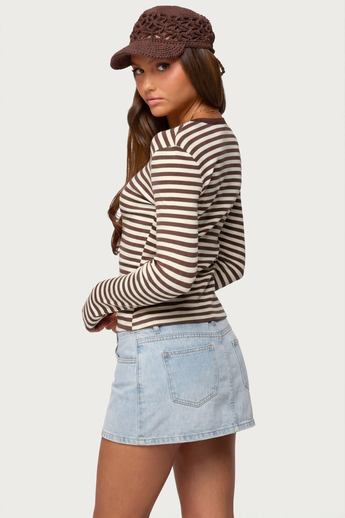 Roma Striped Henley Top - Long Sleeve Cotton Spandex Women's Shirt