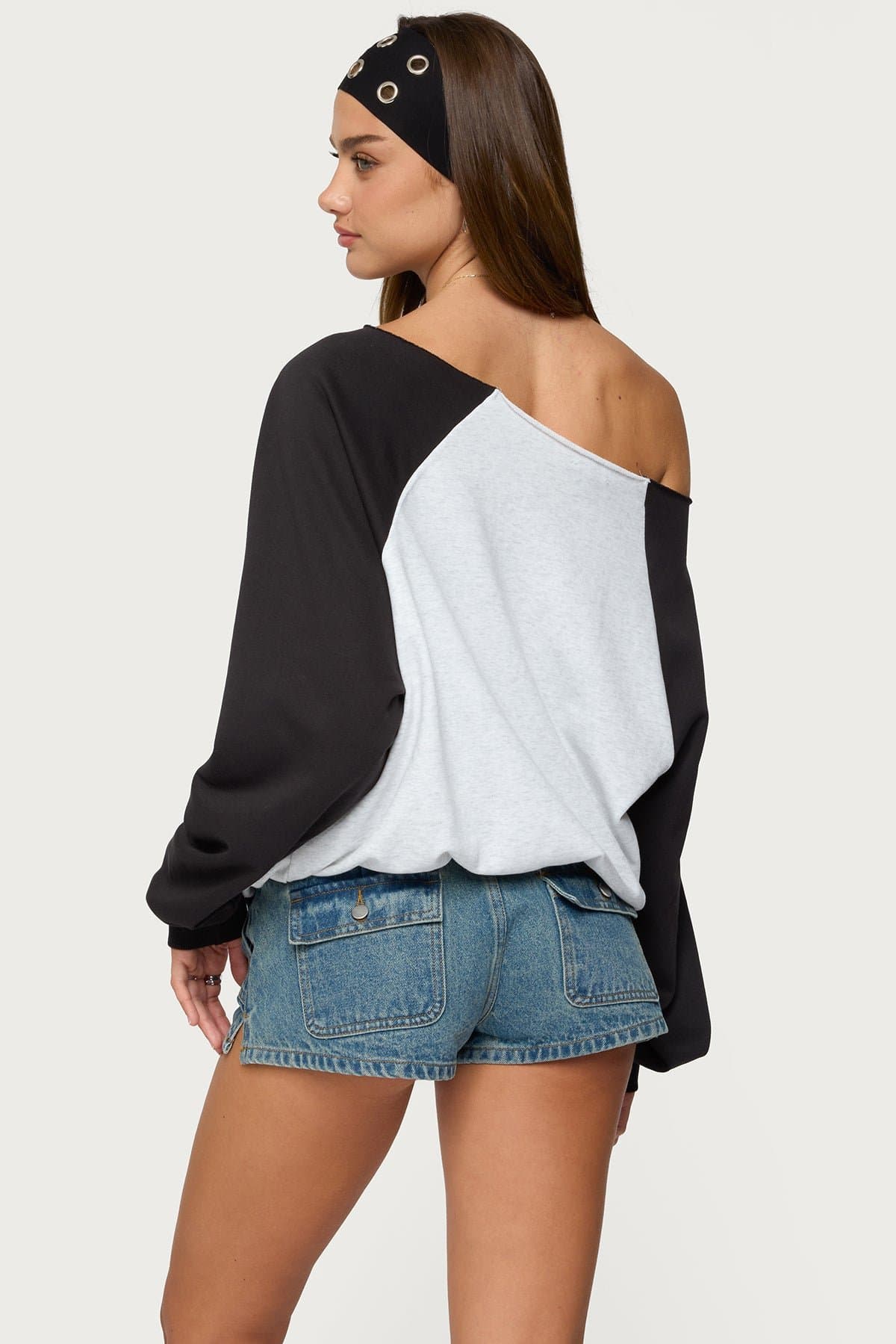 San Diego Off Shoulder Raglan Sweatshirt with Contrast Sleeves and California Graphic