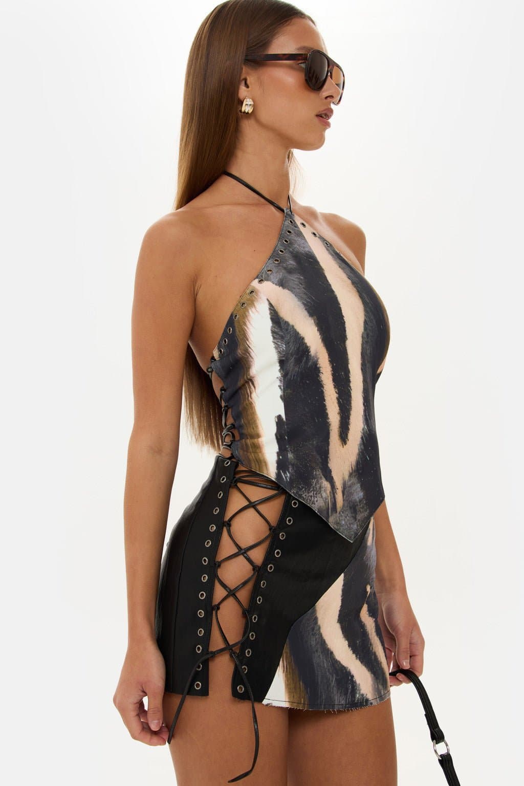 Dallas Zebra Print Co-Ord Set with Halter Neck Top and Lace-Up Skirt