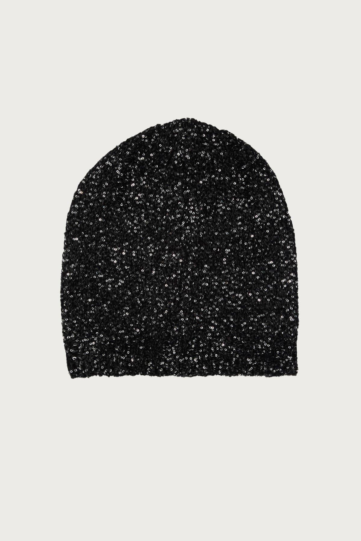 Sequin Knit Beanie Hat - Polyester Acrylic Nylon, Height 9.9in Length 8.7in