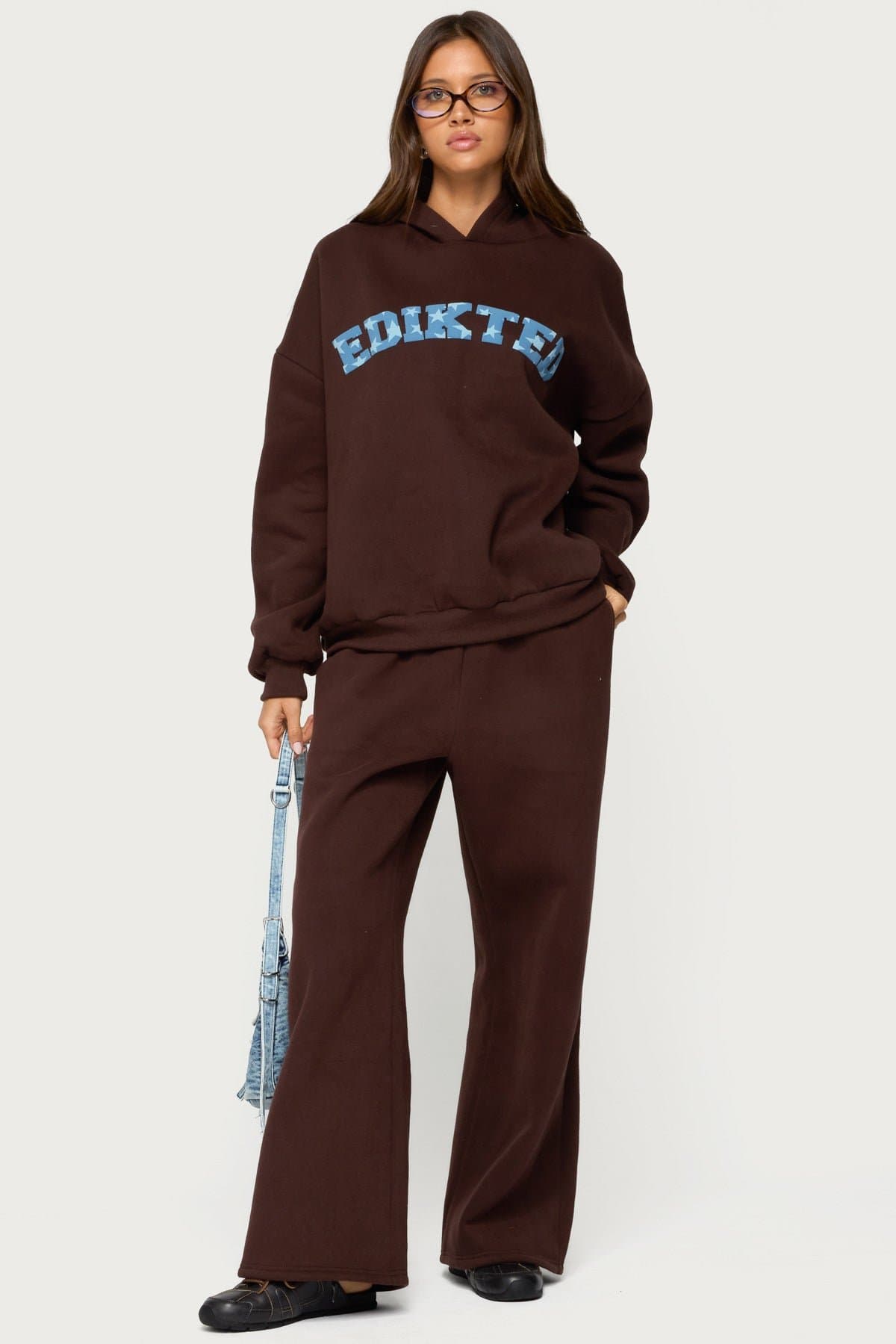 Edikted Wide Leg Sweatpants with Puff Printed Graphic Text Polyester Cotton