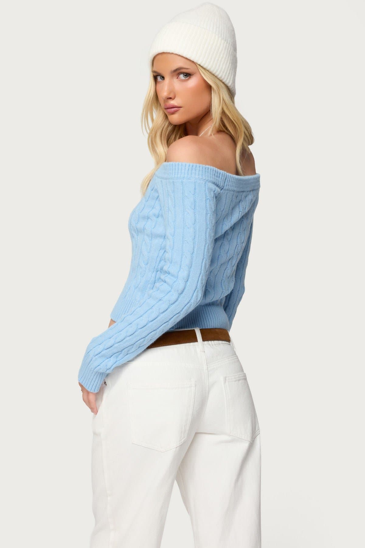 Taniza Off Shoulder Cable Knit Sweater - Rayon Polyester Spandex