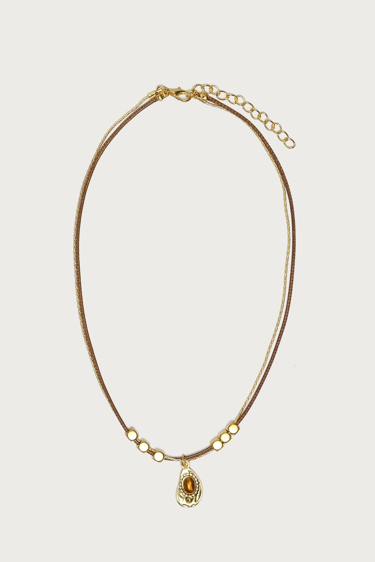 Oval Stone Pendant Cord Necklace - Gold Tone Metal, Plastic, Polyester, Glass 15.8in