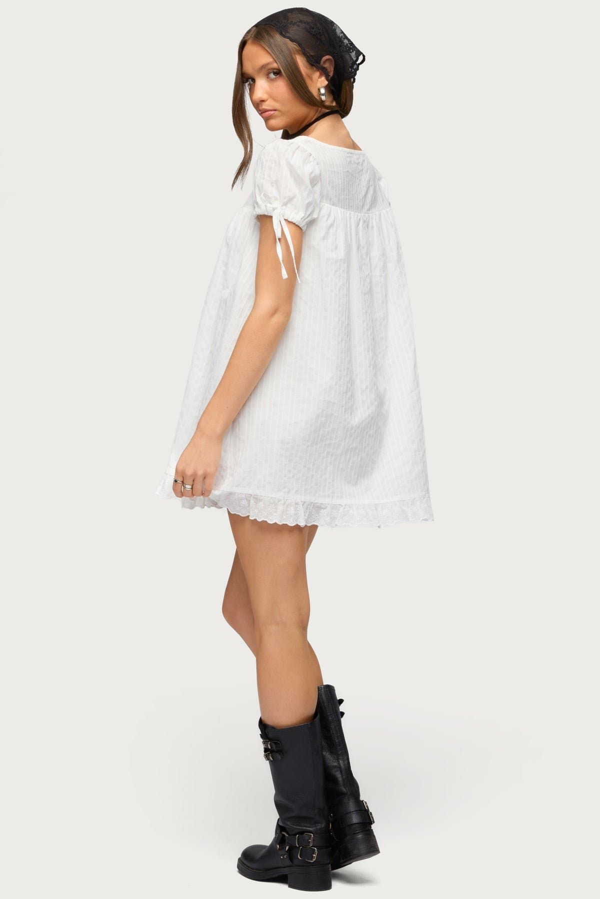 Sepid Striped Cotton Mini Dress Square Neckline Short Puff Sleeves