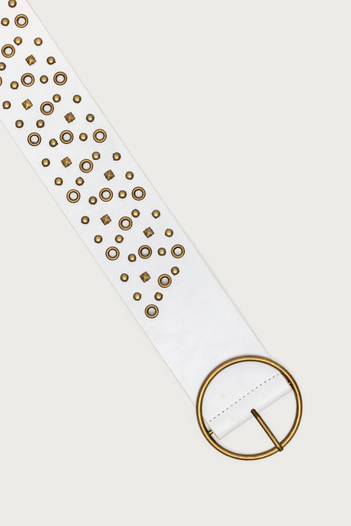 Stud & Grommet Faux Leather Belt with Circle Buckle, Polyurethane, Gold Tone Metal, 45.3" Length