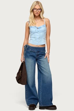 Cleo Tie Waist Low Rise Baggy Jeans 100% Cotton Rigid Denim
