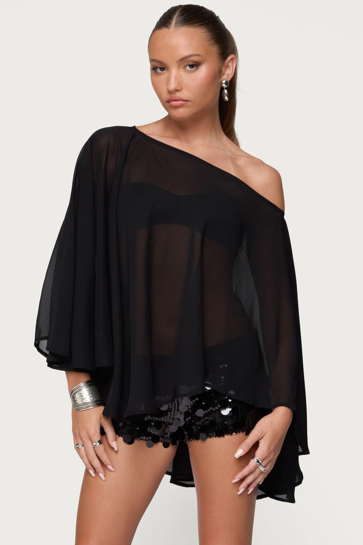Sheer Chiffon Asymmetric Off-Shoulder Poncho