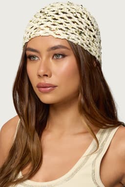 Sequin Crochet Beanie Hat - Cotton Polyester, Height 6.7in Length 9.2in