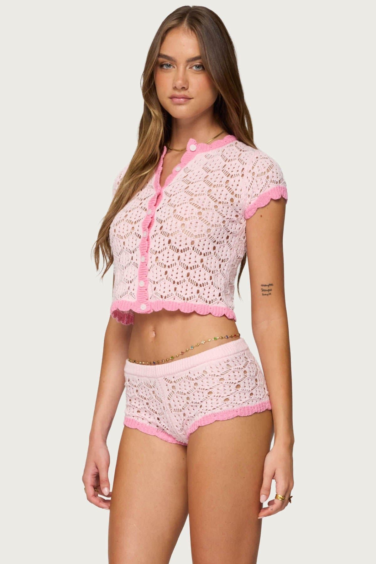 Elisa Open Knit Button Up Top - Short Sleeve 100% Cotton Scalloped Trim