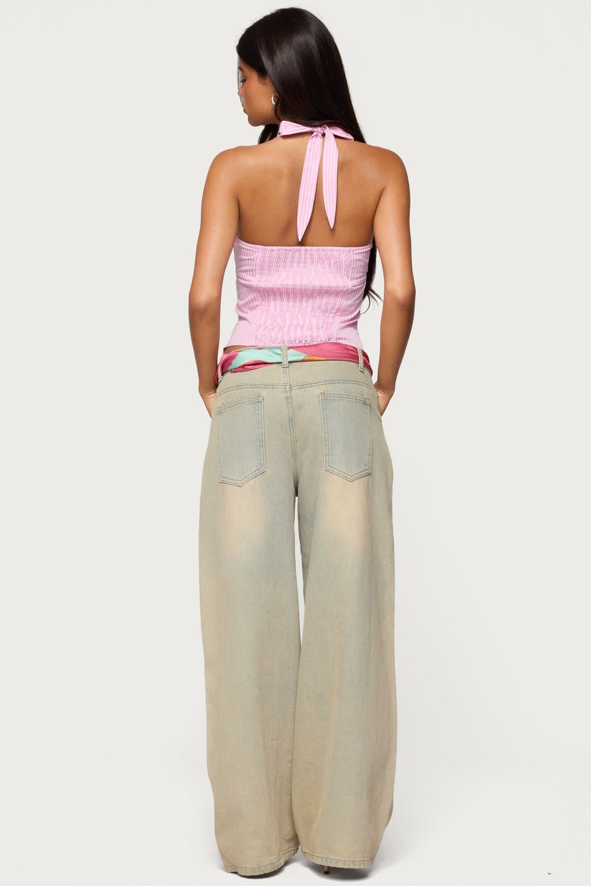 Caitie Striped Buckle Halter Top - Polyester Cotton Tie Closure Gathered Center