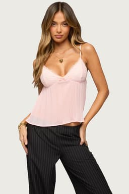 Rhian Lacey Pleated Babydoll Top - Adjustable Straps, Lace Bust, Chiffon