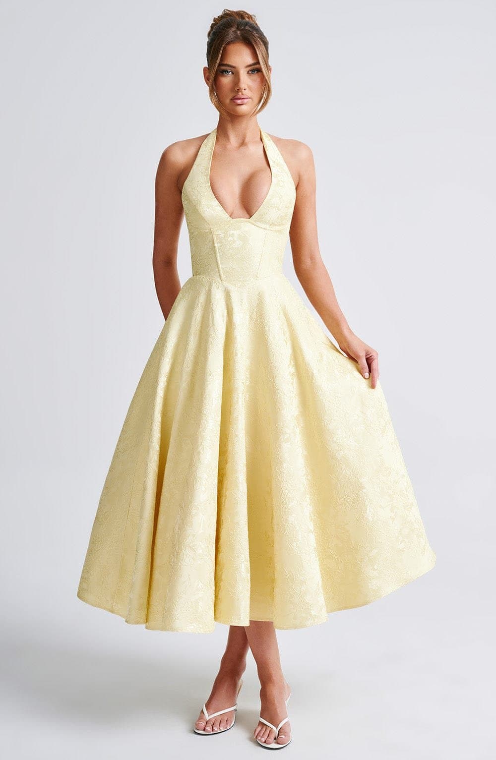 Effie Midi Dress - Lemon Floral Jacquard Plunge Halter Lace Up