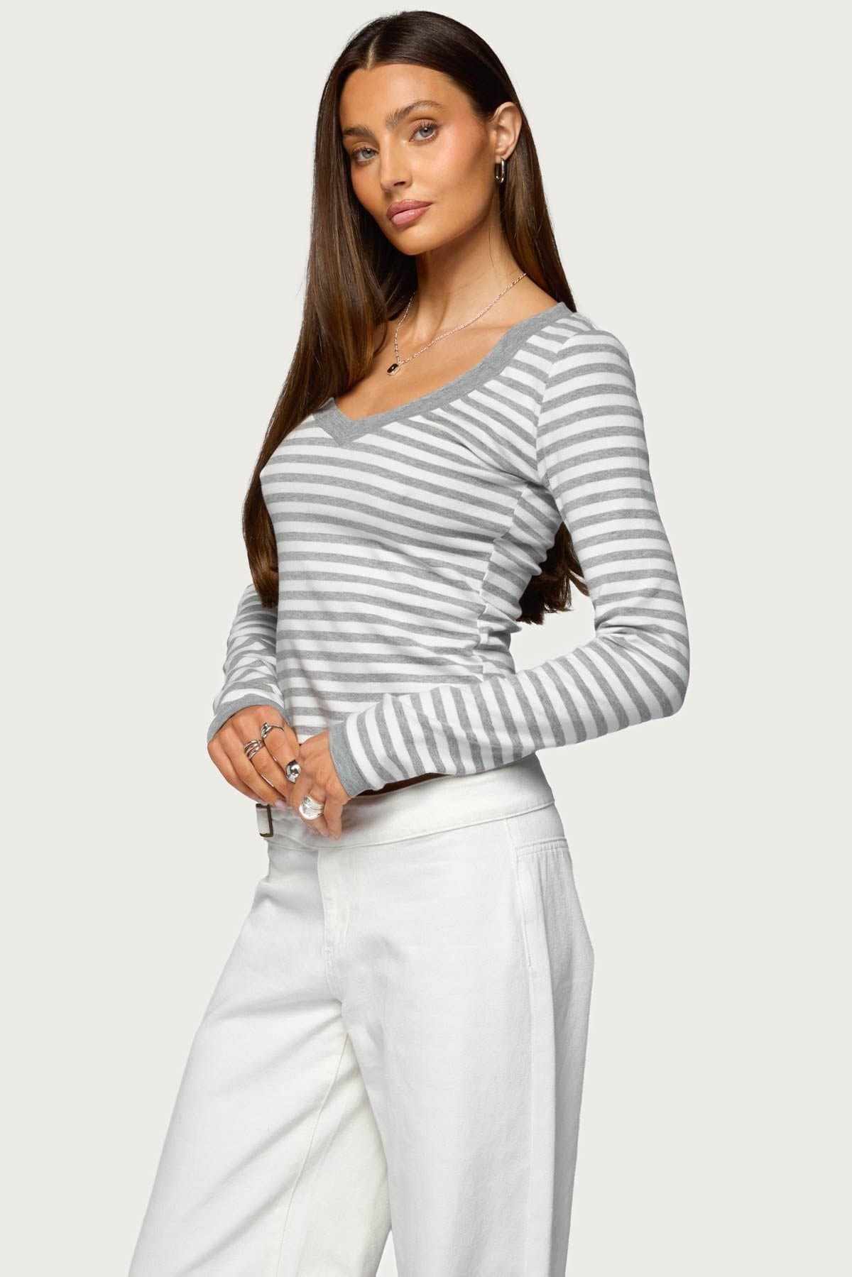 Kimi Striped Long Sleeve V Neck Top - Cotton Spandex