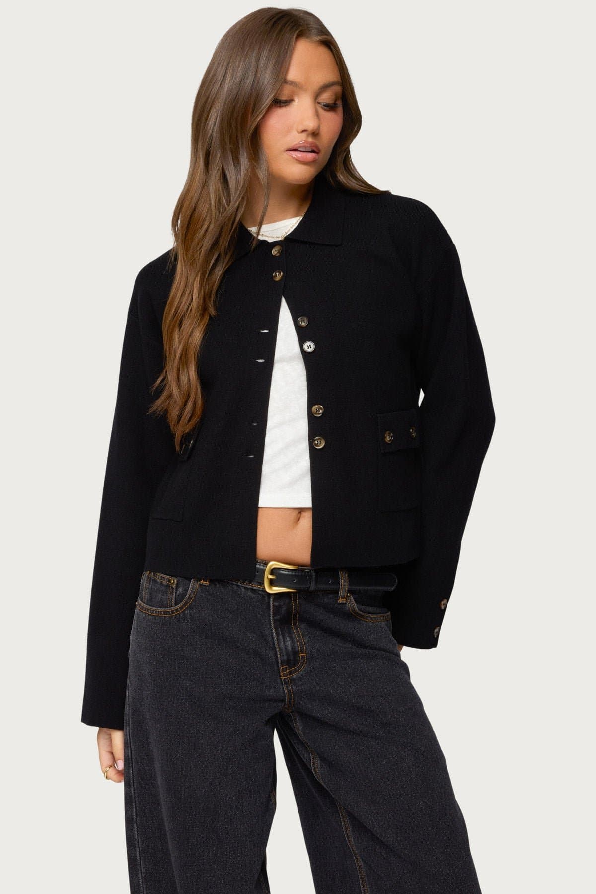 Lorne Knit Jacket - Polyester Rayon Nylon Blend Classic Collar Button Front