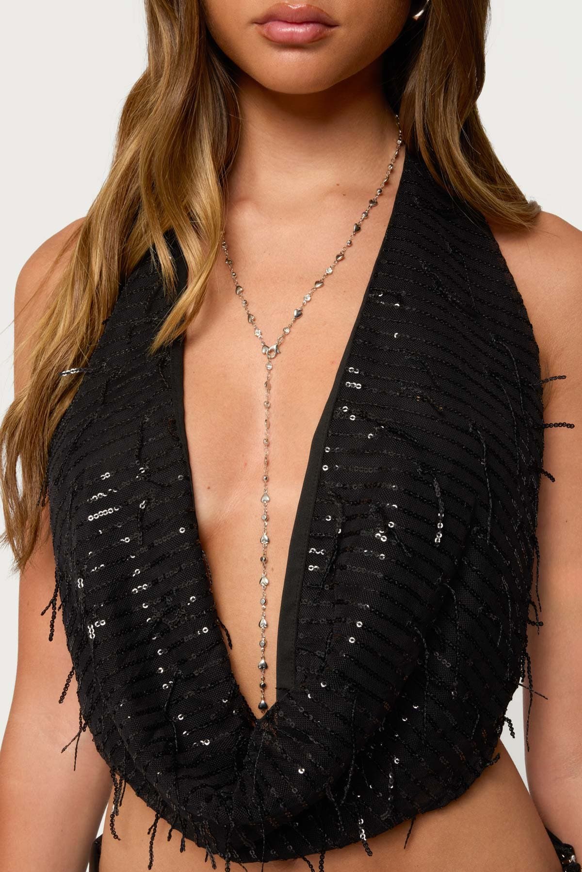 Heart & Diamond Cascading Necklace Silver Tone Metal 30.7 Inch Length