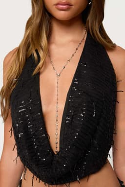 Heart & Diamond Cascading Necklace Silver Tone Metal 30.7 Inch Length