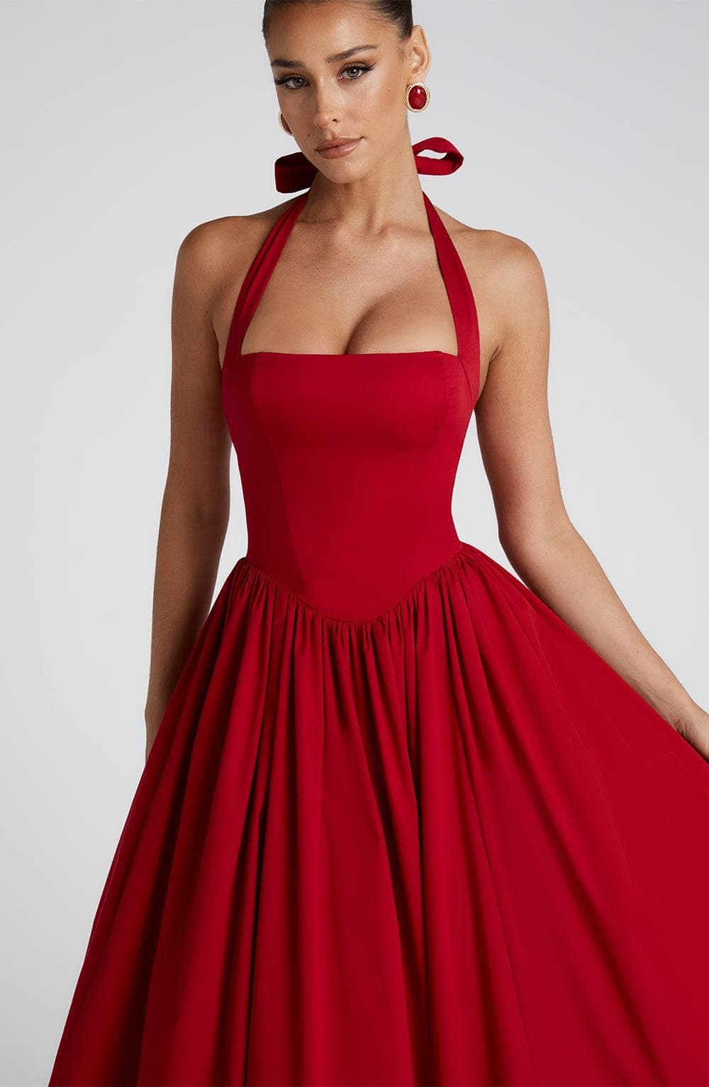 Cressida Midi Dress - Red Cotton Nylon Elastane Voile Square Halter Neckline