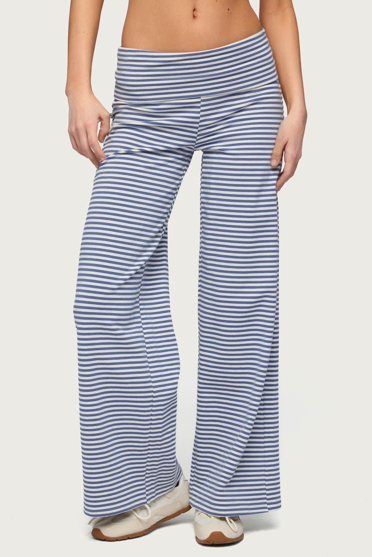 Petite Lilah Striped Fold Over Wide Leg Pants - Cotton Polyester Spandex