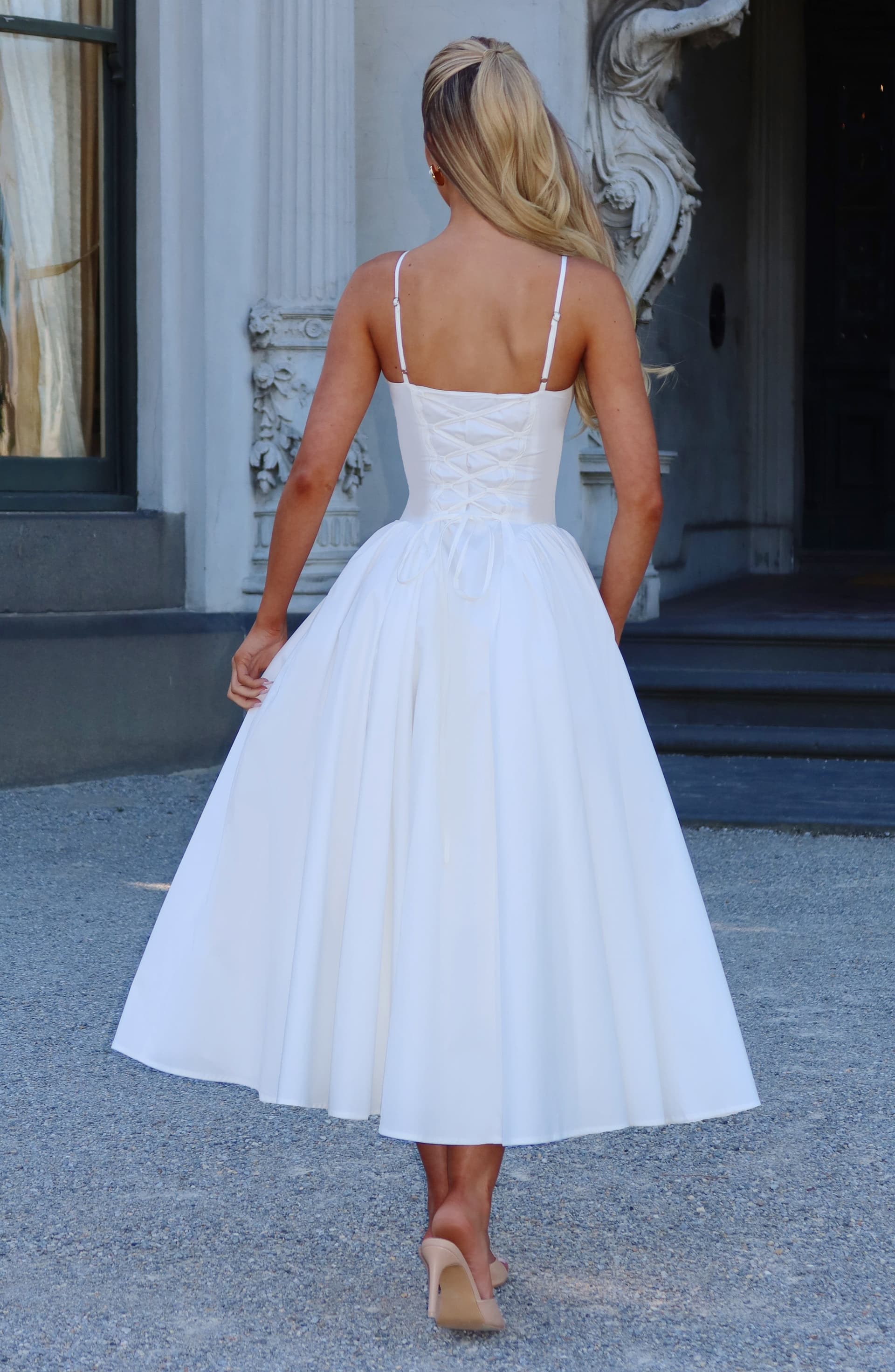 Emerson Midi Dress in Ivory - Sweetheart Neckline Lace-Up Back Dropped Waist