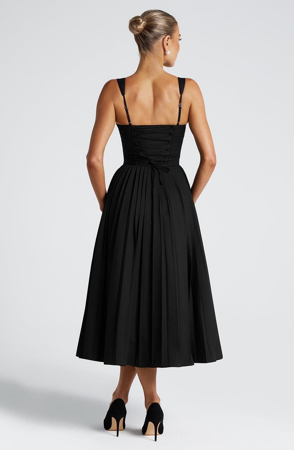 Natassia Midi Dress - Black White Fan Straps Sweetheart Neckline Lace-Up Back