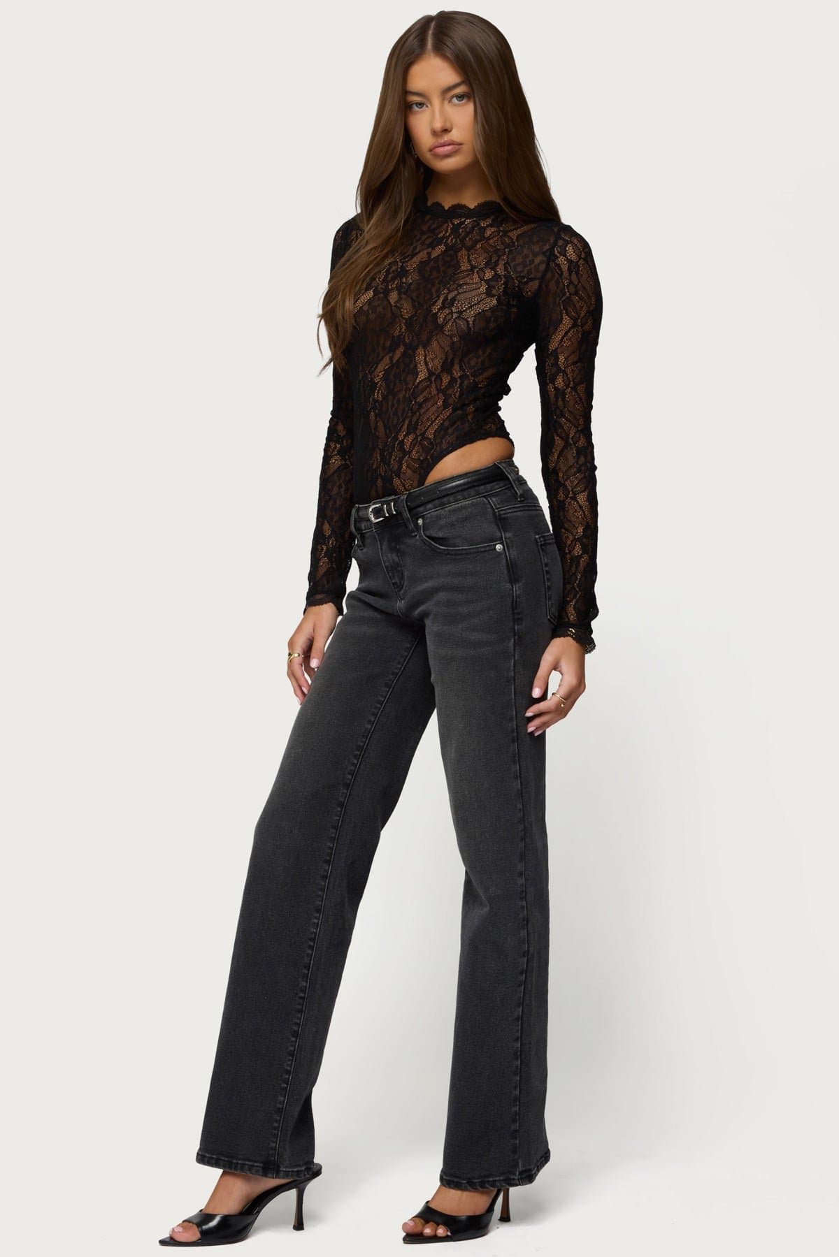 Rosalinda Sheer Lace Bodysuit with Long Sleeves and Scalloped Trim - Nylon Spandex