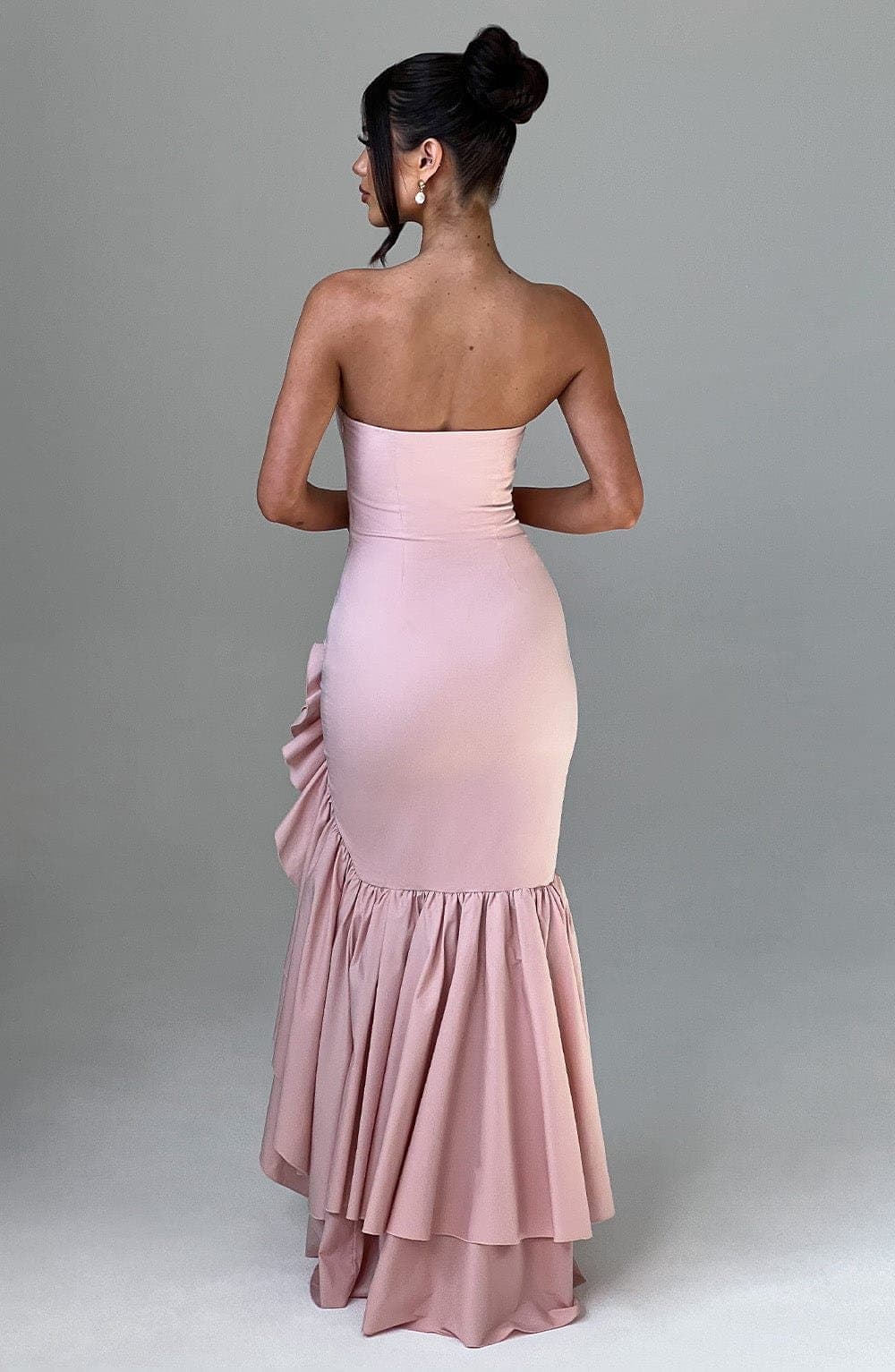 Angelina Blush Strapless Maxi Dress Frilled High-Low Cotton Blend Boned Bodice
