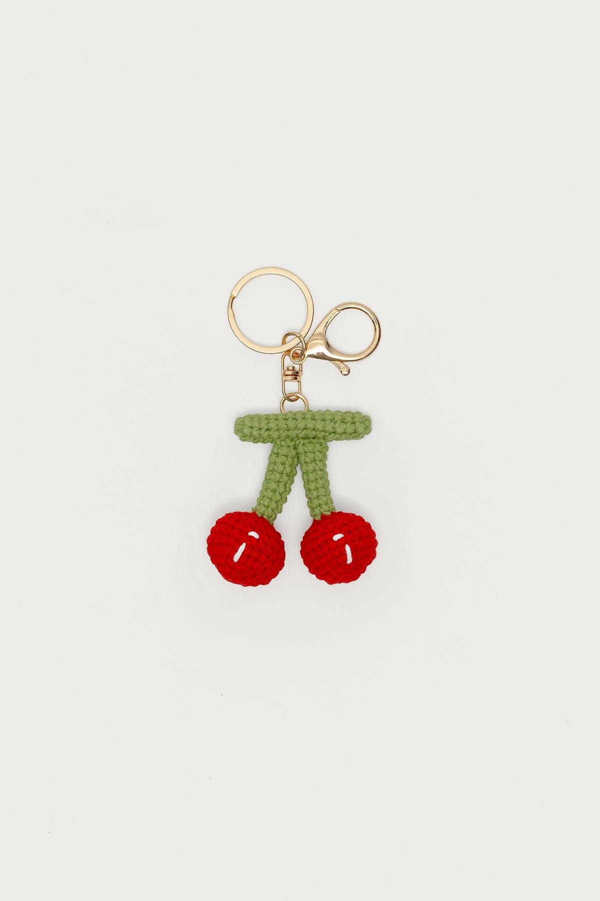 Cherry Crochet Keychain - Cotton Acrylic Fabric Gold Tone Metal 2.6 Inch