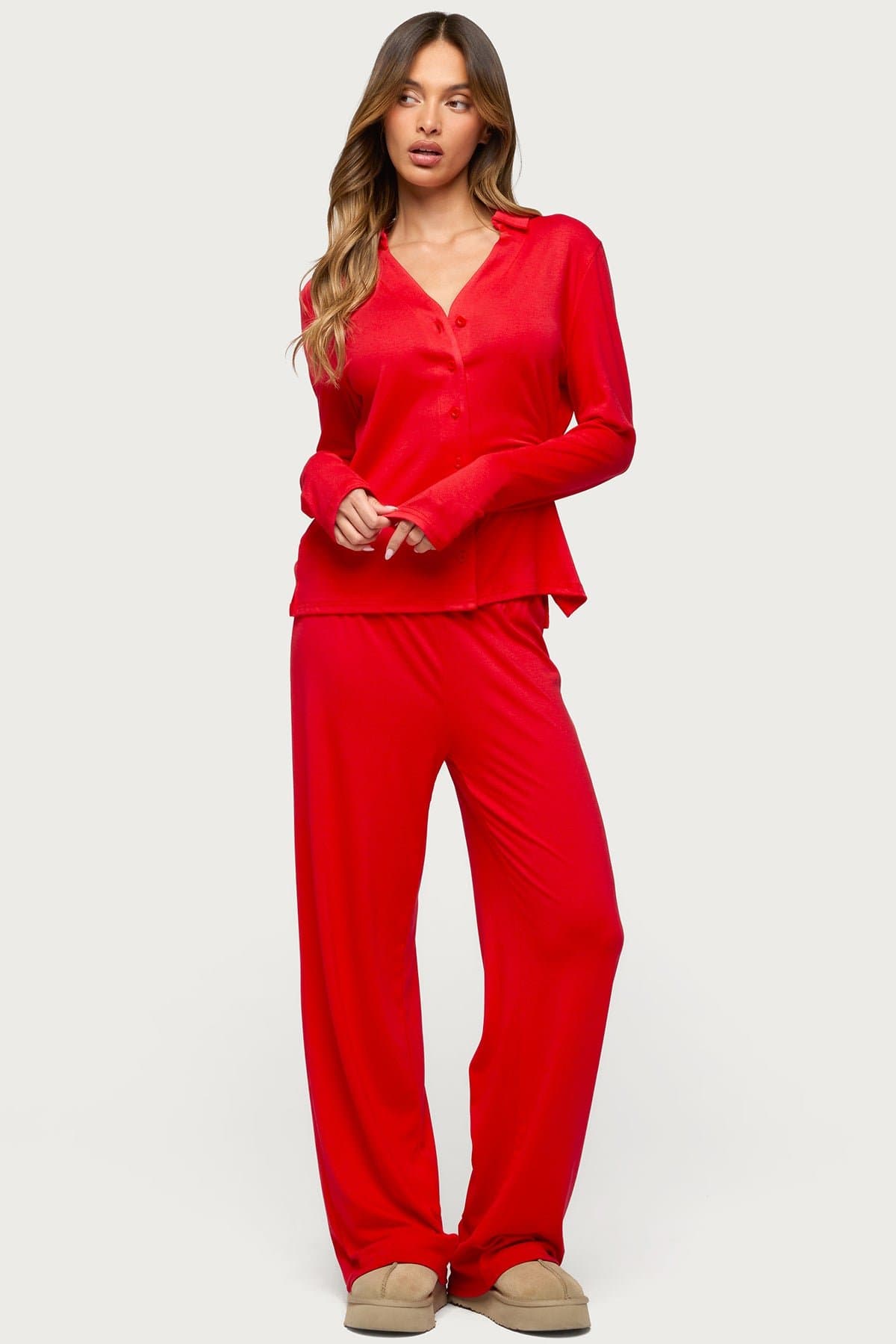 Justina Button Up Long Sleeve Sleepwear Top - V-Neck Collared Cotton Polyester Spandex