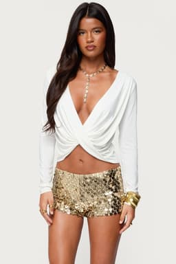 Draped V-Neck Long Sleeve Top - Polyester Spandex Women's Blouse