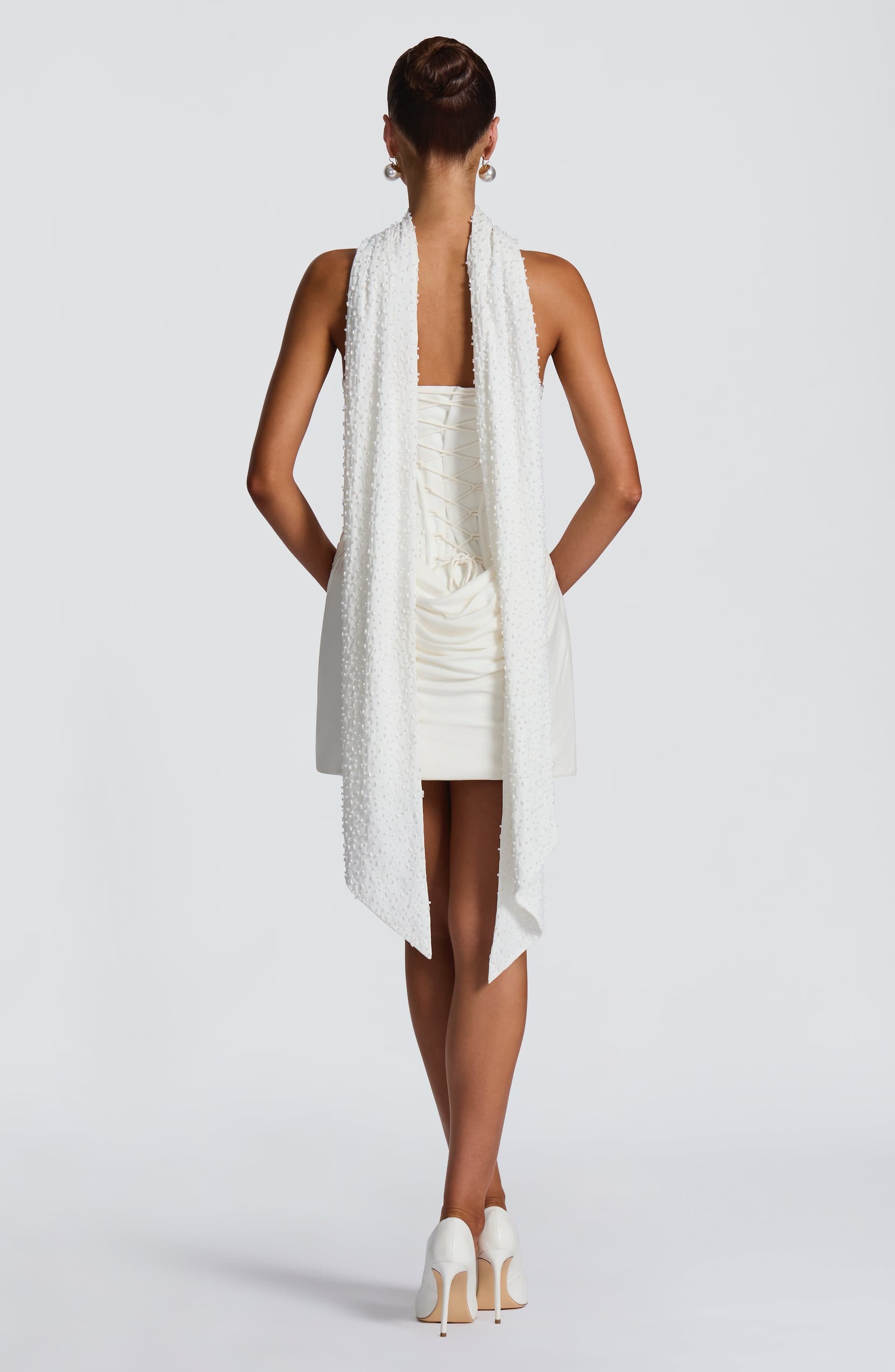 Tindra Mini Dress Ivory Pearl-Embellished Crepe Bodice Cupro Skirt