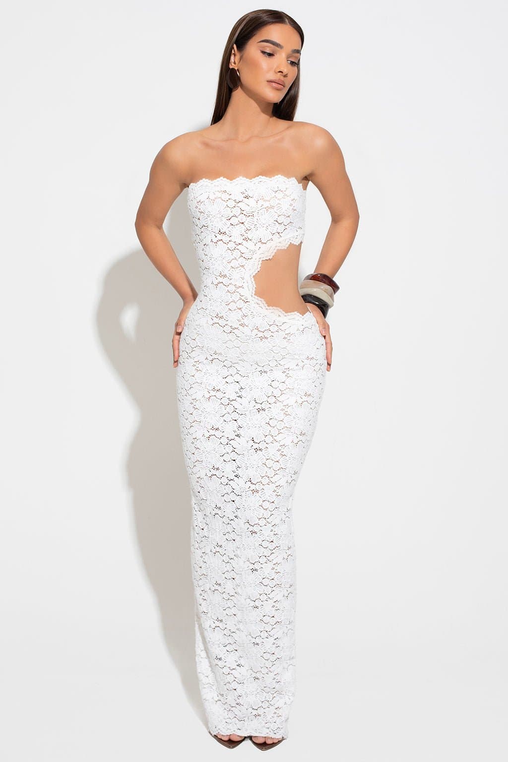 RIVIERA White Lace Stretch Maxi Dress with Bandeau Neckline and Waist Cut Out