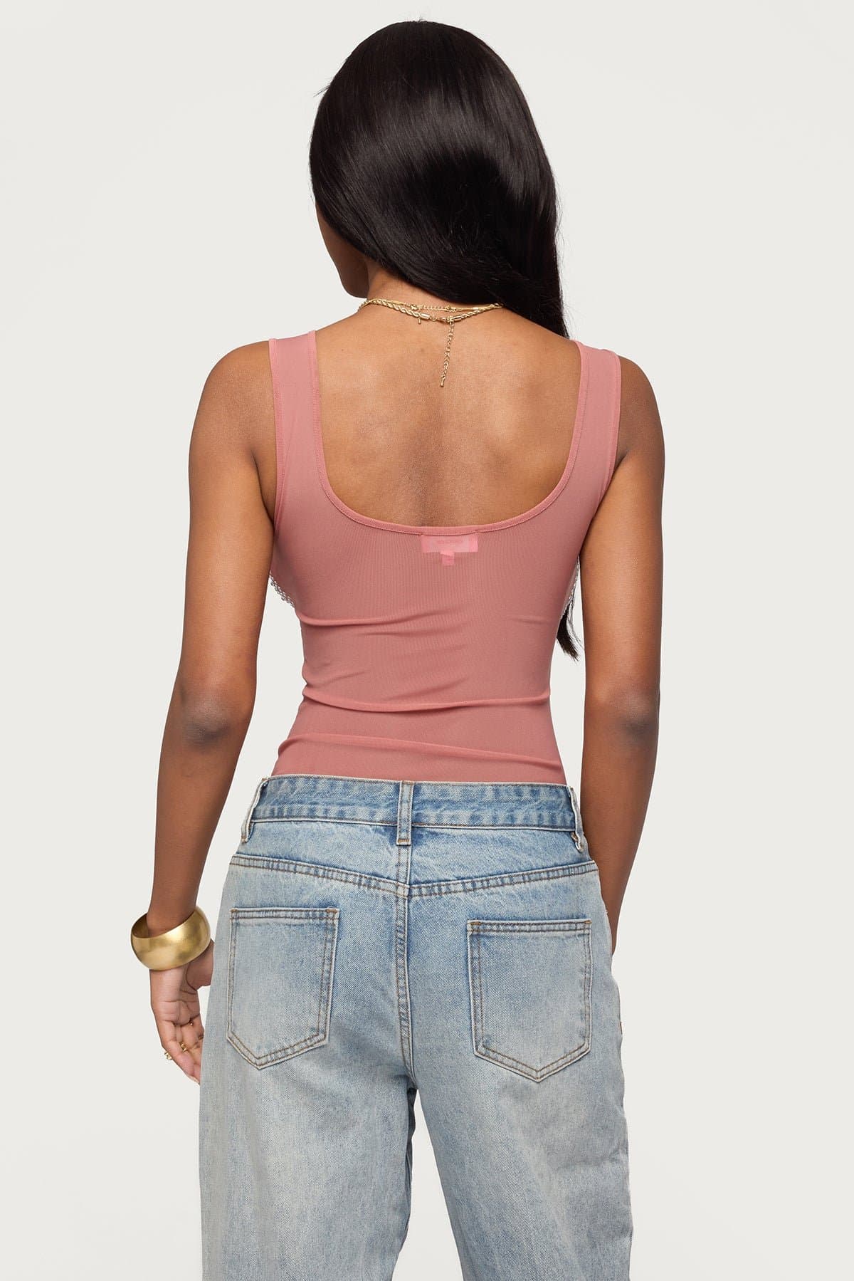 Angelita Rhinestone Sheer Mesh Bodysuit - Scoop Neck Polyester Spandex