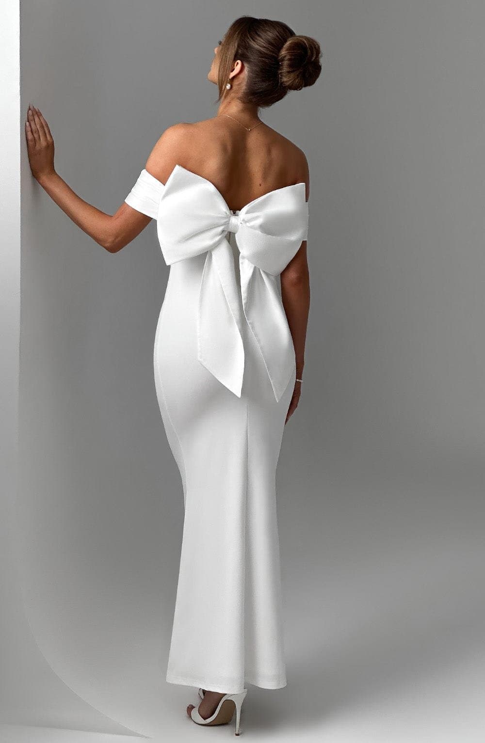Joanna Maxi Dress in Ivory - Stretch Crepe Fit and Flare with Bardot Neckline