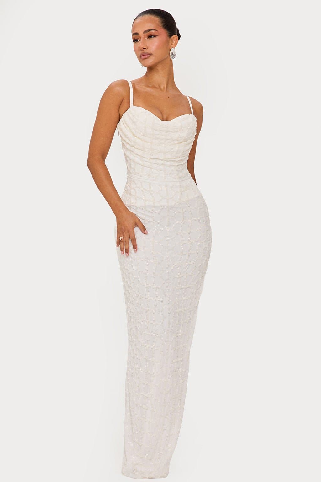 OYSTER Hand Beaded Maxi Dress with Corset and Front Split