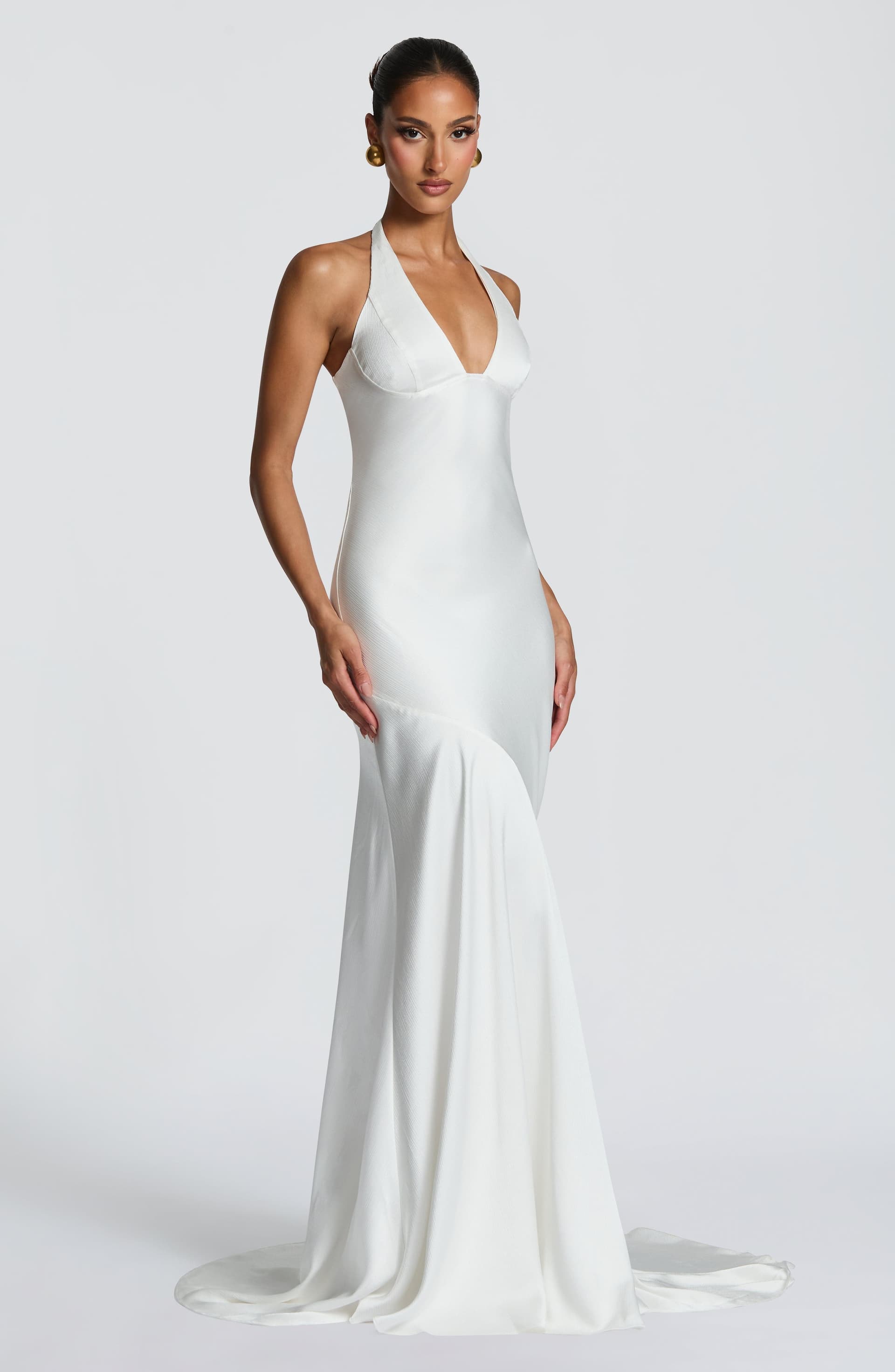 Kirsten Ivory Textured Satin Gown with Plunge Neckline and Train