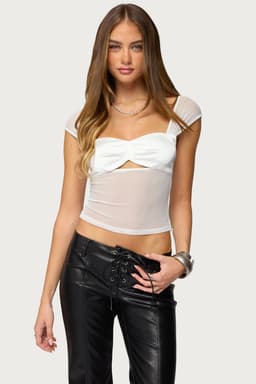 Sheer Mesh & Satin Effect Cutout Top - Sweetheart Neckline, Polyester Spandex