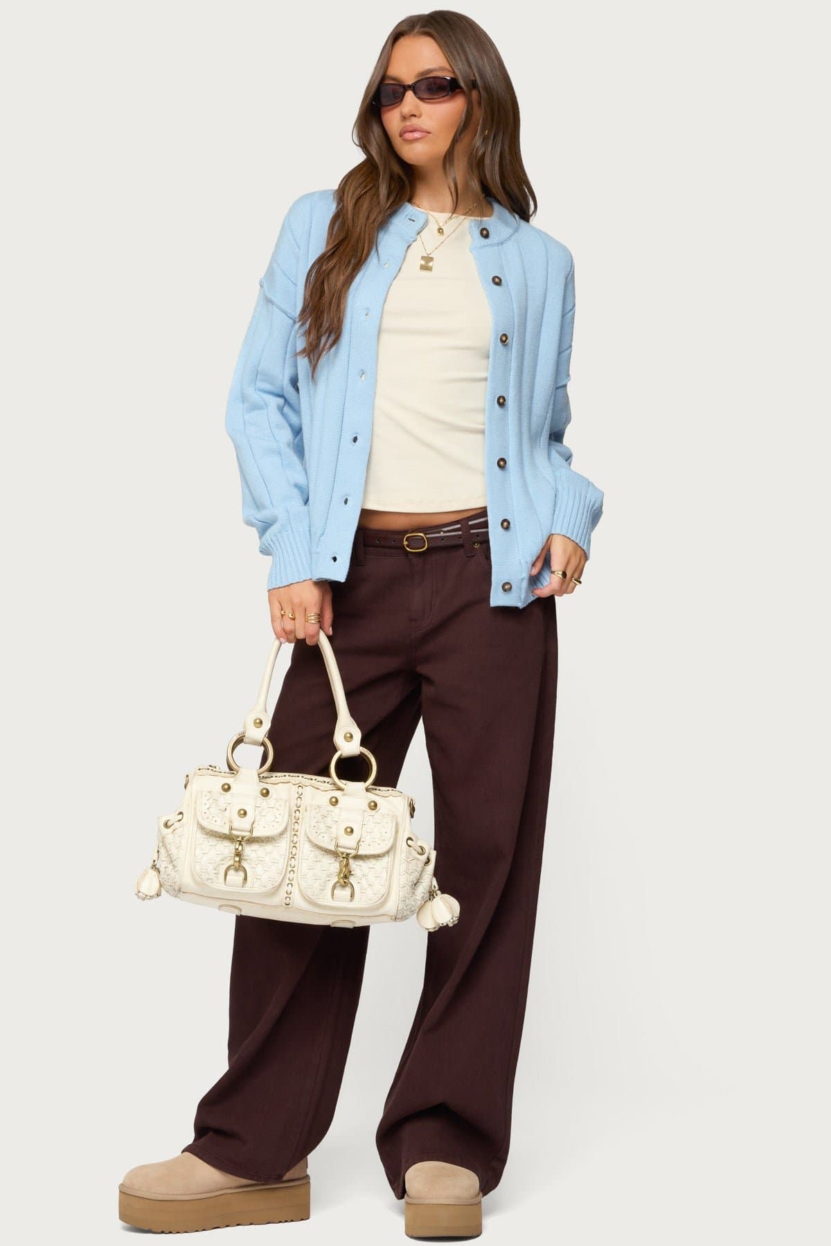 Joanie Wide Ribbed Knit Cardigan - Rayon Nylon Polyester Button Front Sweater