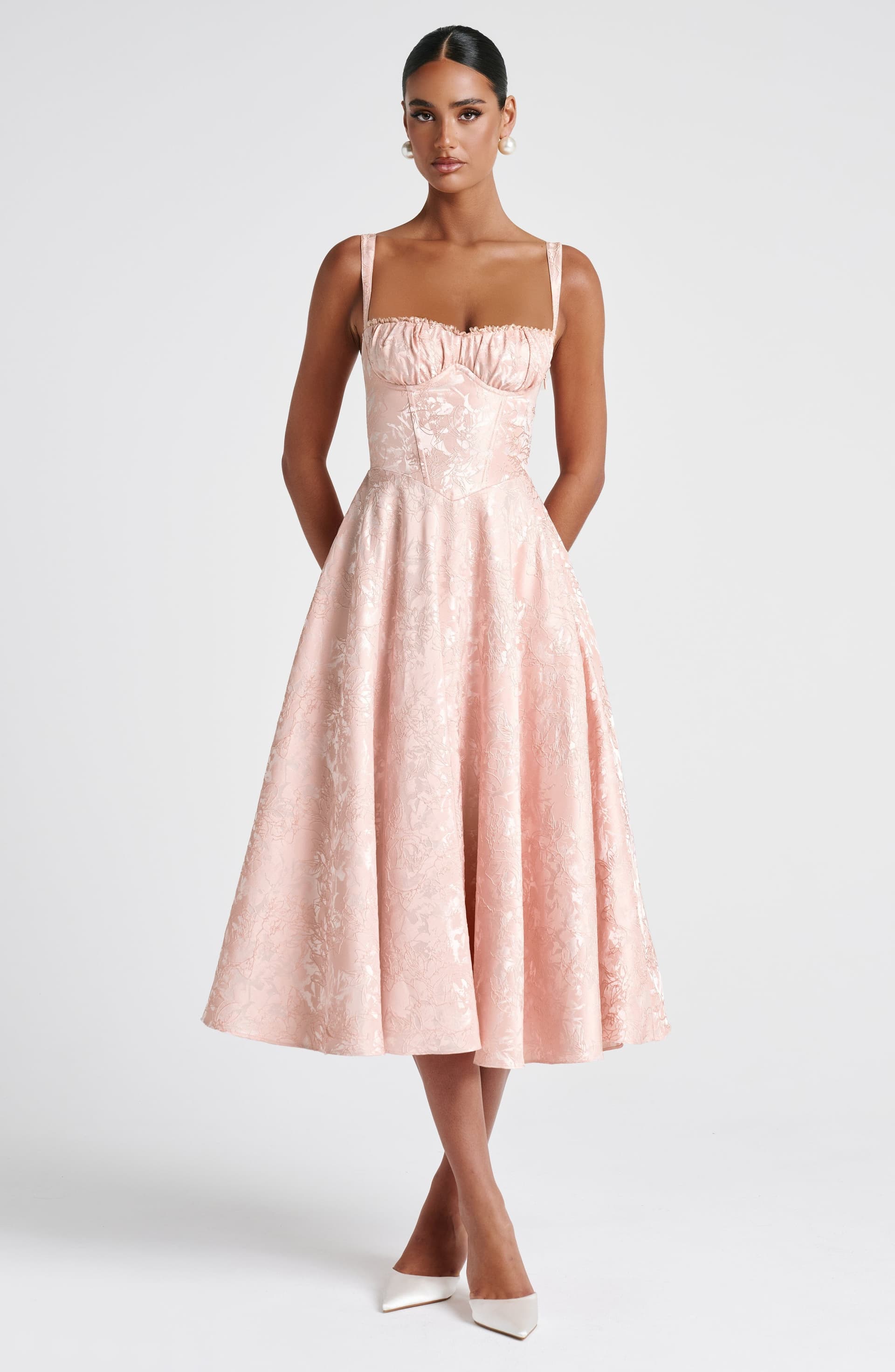 Amity Midi Dress Soft Peach Floral Jacquard Boned Bodice Lace Trim