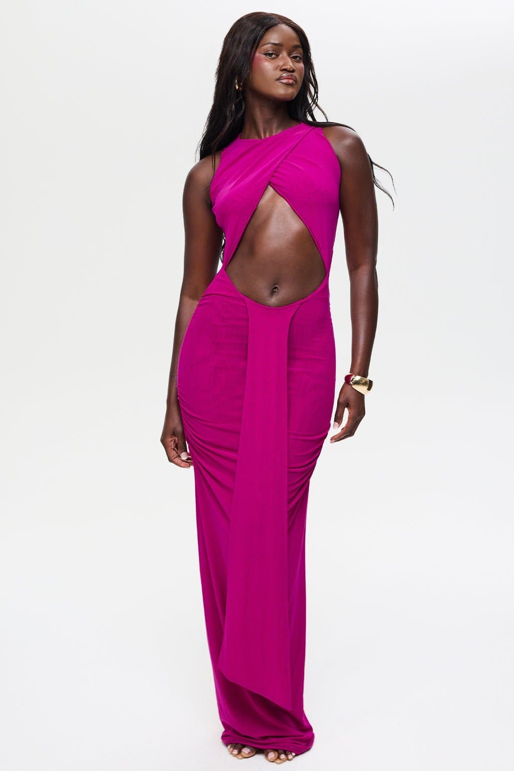 KAIA Maxi Bodycon Dress - Cut Out Front Waist Drape Crossover Bust Black