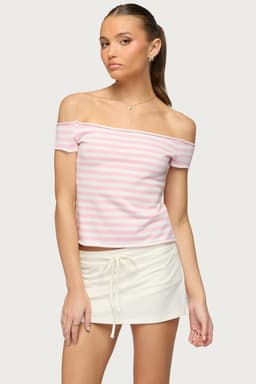 French Terry Striped Off Shoulder Top - Cotton Spandex Rolled Edges
