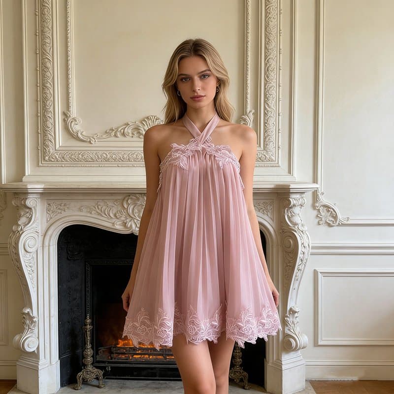 Lace Trim Pleated Halter Mini Dress, Flowy Chiffon Baby Doll Dress for Party and Special Occasions