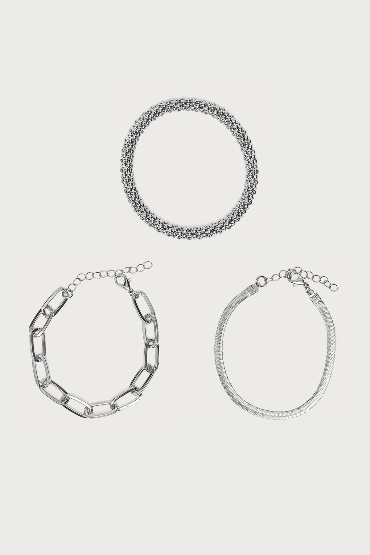 Chain Stack Bracelet Pack of 3 Assorted Silver Tone Metal 6.3 Inch Length