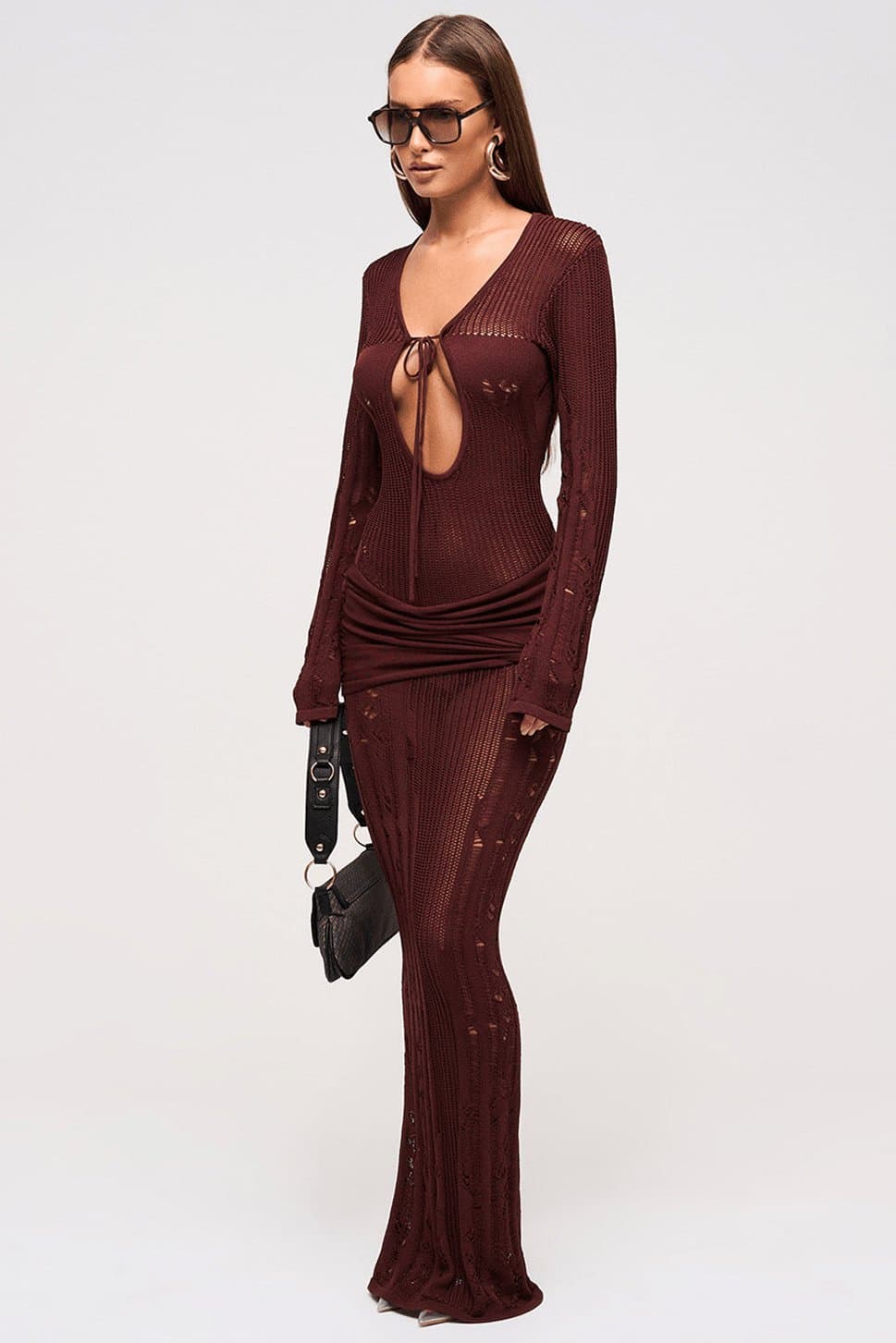 Mocha Knitted Maxi Dress with Laddered Panels, Keyhole Neckline, Full Length Sleeves